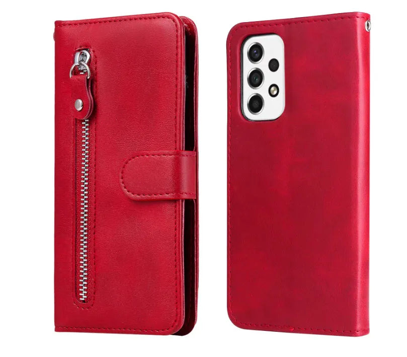 Samsung flip phone case with zipper wallet and card holder in PU leather, black colour, front view