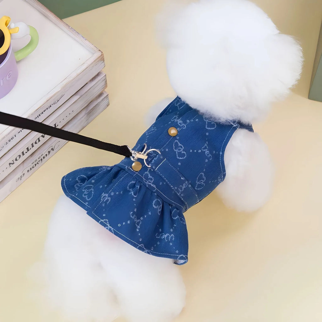 Blue denim princess dress for small dogs with bracket-skirt styling option