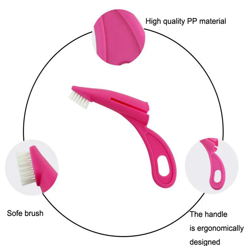 Red and white finger-sleeve toothbrush for dogs and cats with soft silicone bristles.