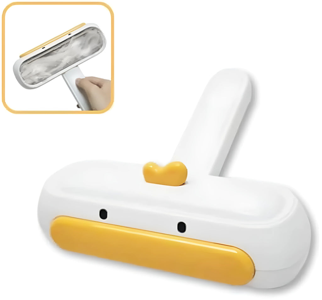 Portable yellow duck design pet hair remover tool with bristles for furniture and car seats.