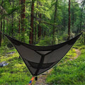 Green aerial multi-person triangle hammock made from nylon 210T, 400cm sides, hanging outdoors