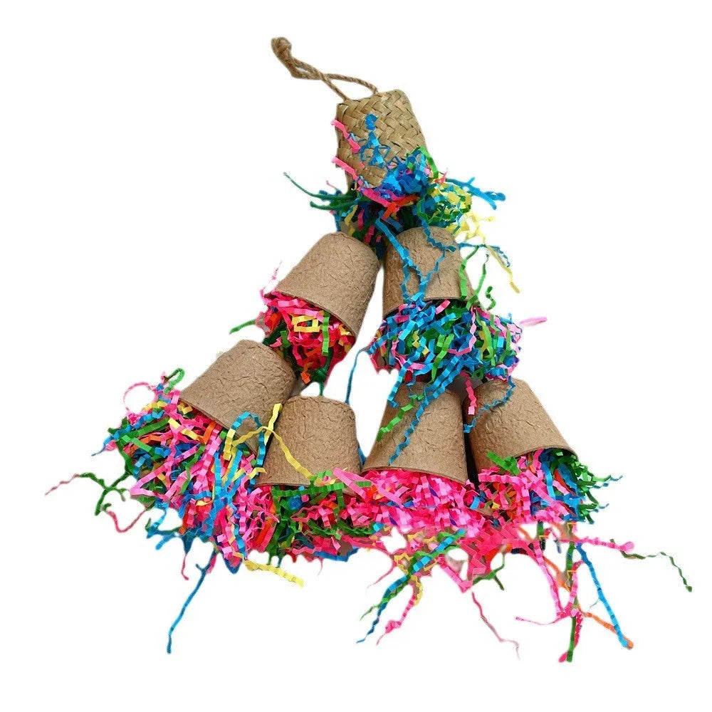 Palm leaf woven parrot gnawing toy with paper cup shape hanging from cage