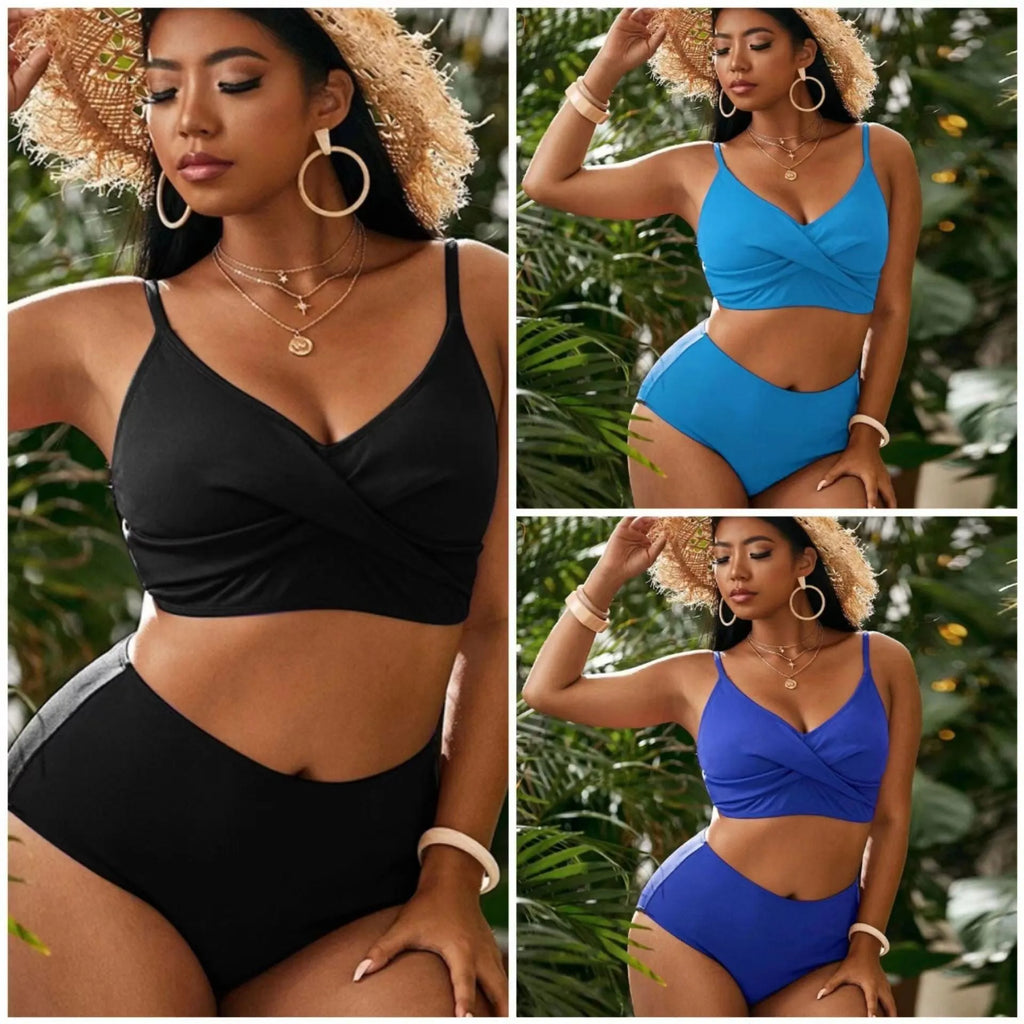 Plus size high waist split bikini swimsuit in solid colour for women, polyester and spandex fabric