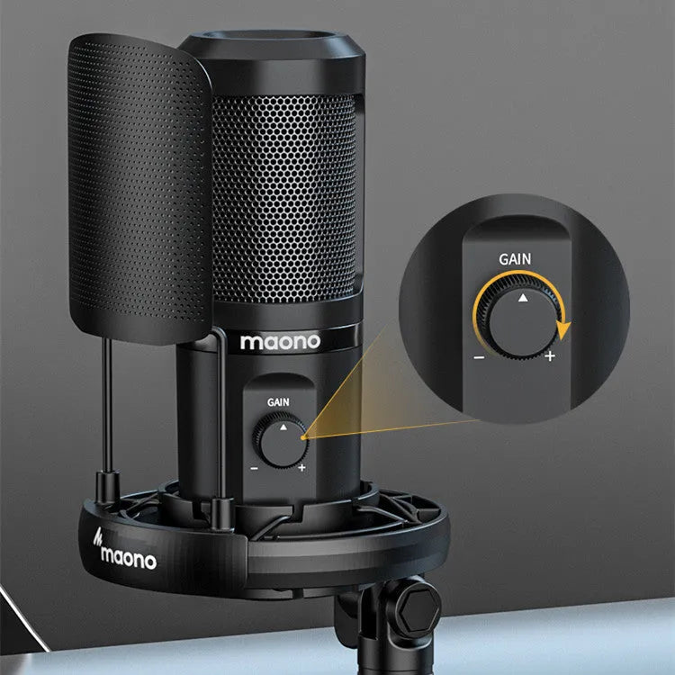 Black USB studio microphone on tripod with shock mount and 150cm cable for desktop recording