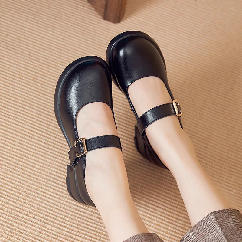 Genuine cowhide retro Mary Jane shoes with chunky heel and Velcro fastening in 23012 Brown