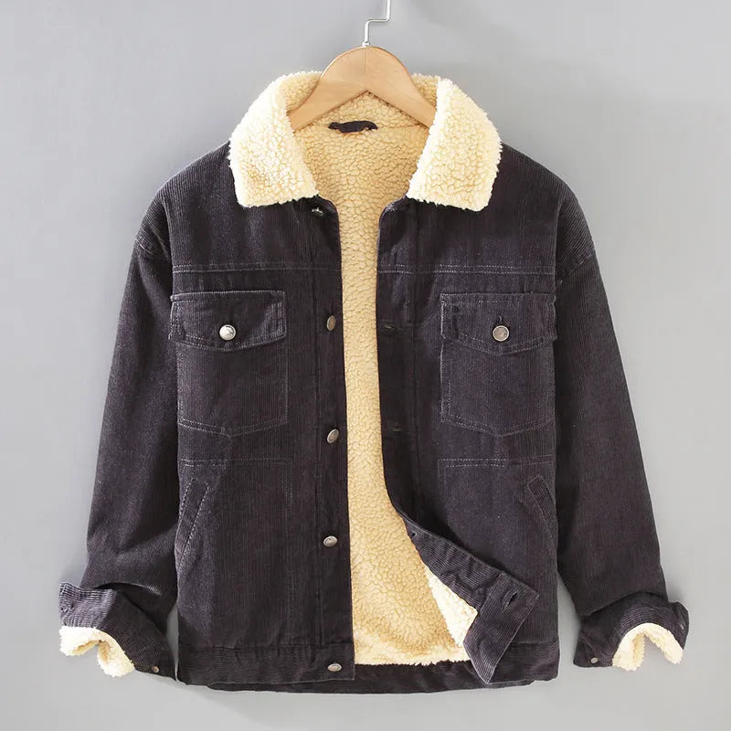 Men's corduroy workwear jacket with retro lapels, thickened cotton-padded, imitation lamb wool, in five colours