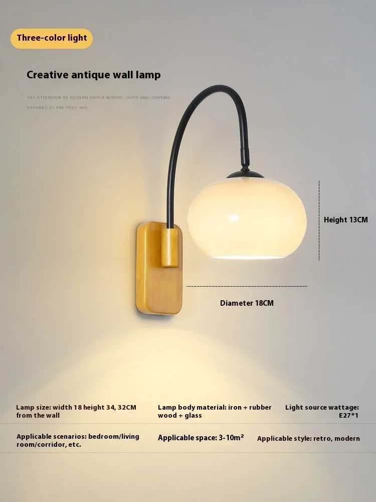 Retro wall LED lamp with 32cm milky white glass shade and iron body, walnut or log colour