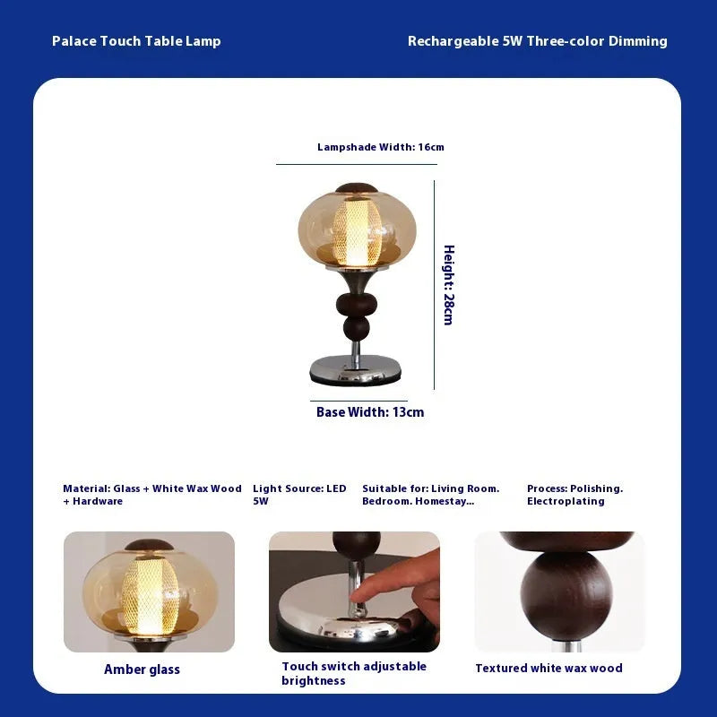 Solid wood retro palace desk lamp with USB charging port and touch controls.