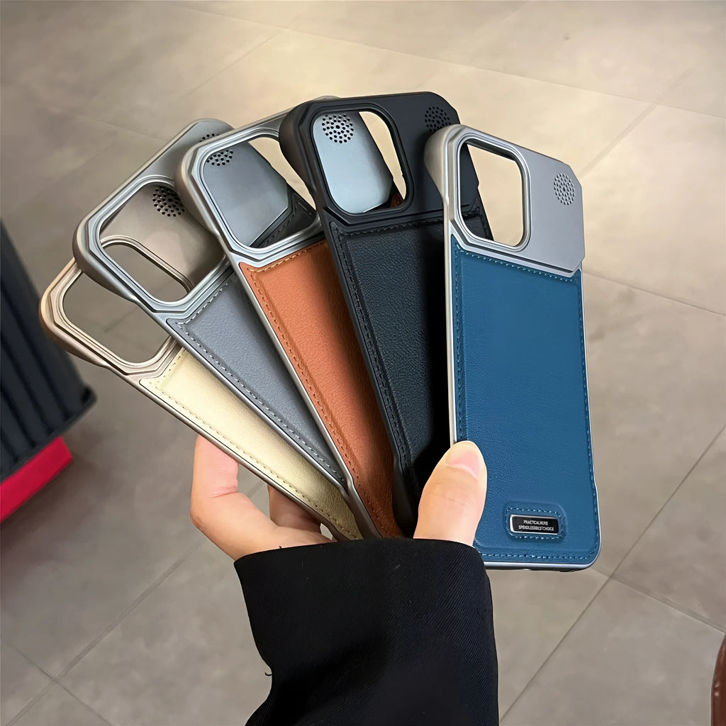 Aromatherapy leather magnetic phone case for iPhone, frameless hard PC cover in Black, Gray, Blue, Brown or Gold.