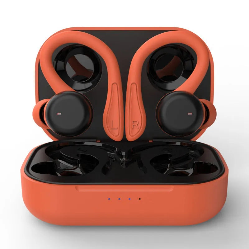 True wireless sports headphones with removable ear hooks in black, white, blue, red, and pink colours