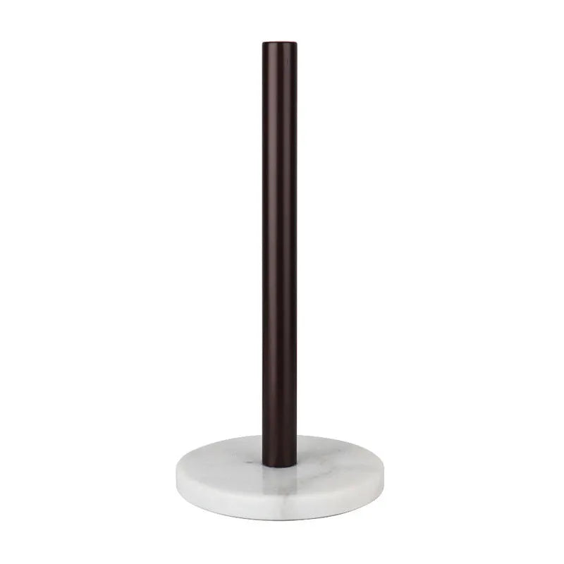 Marble kitchen towel holder with stainless steel gilded pole and circular base on countertop