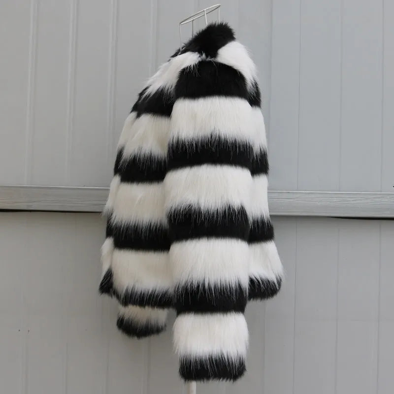Black and white striped faux fur long-sleeved leather jacket for women