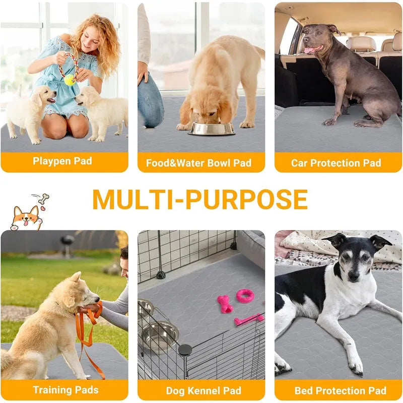 Washable dog pee pads in tan and grey colours showing multiple size options for pet protection