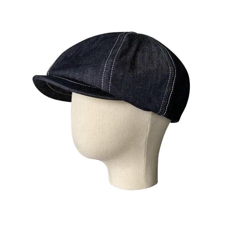 Black cotton beret hat with octagonal shape and Japanese Denim fabric construction