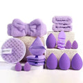 Hydrophilic non-latex beauty tool set with brown, pink, and purple makeup applicators