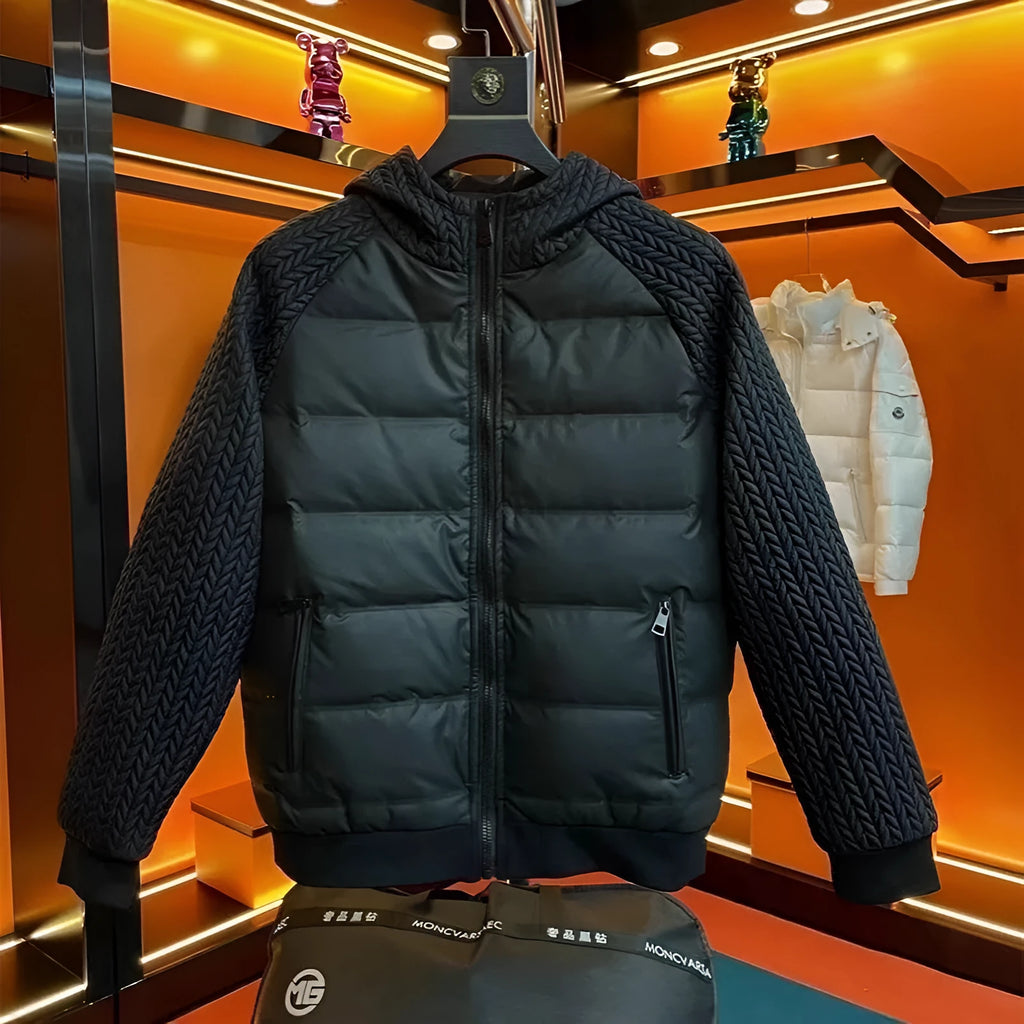 Men's winter casual thick slim-fit warm hooded cotton coat in solid black