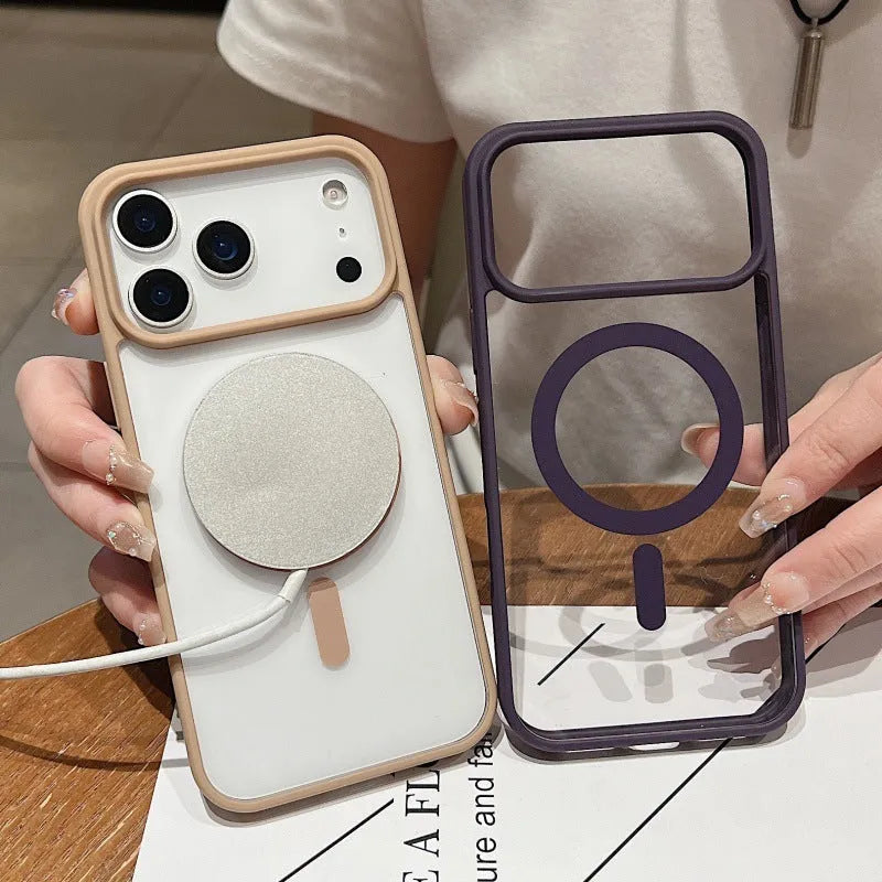 Magnetic acrylic transparent silicone phone case in Graphite Black for iPhone 15, showing clear back and silicone edges