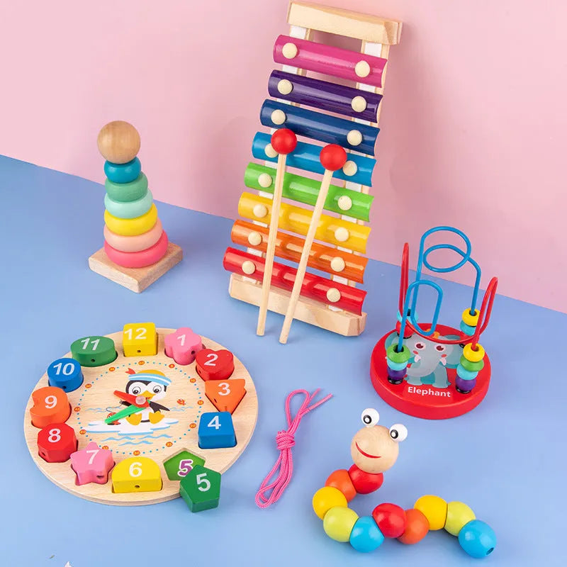 Orff wooden eight-tone piano early education toy set with rainbow tower and tangram in kraft box