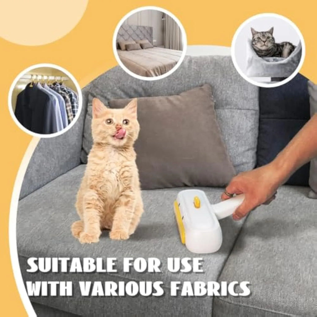 Portable yellow duck design pet hair remover tool with bristles for furniture and car seats.