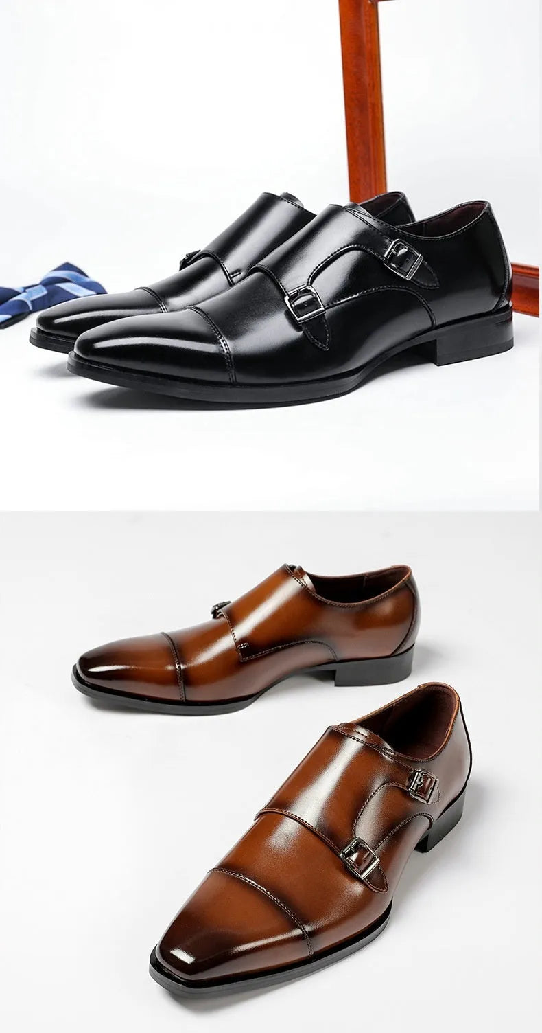 Men's black and light brown square toe leather business shoes with rubber soles