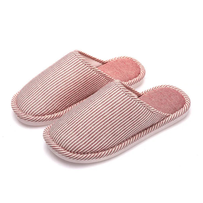 Household stripes indoor non-slip cotton slippers with PVC sole and round toe in khaki colour