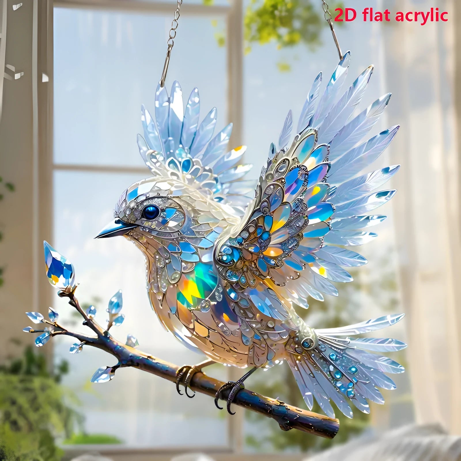 Square acrylic bird pendant decoration with colourful cartoon design, shown in 15cm and 20cm size options.
