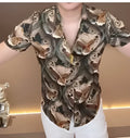 Men's polyester shirt with abstract geometric pattern, slim fit, long sleeves and button front