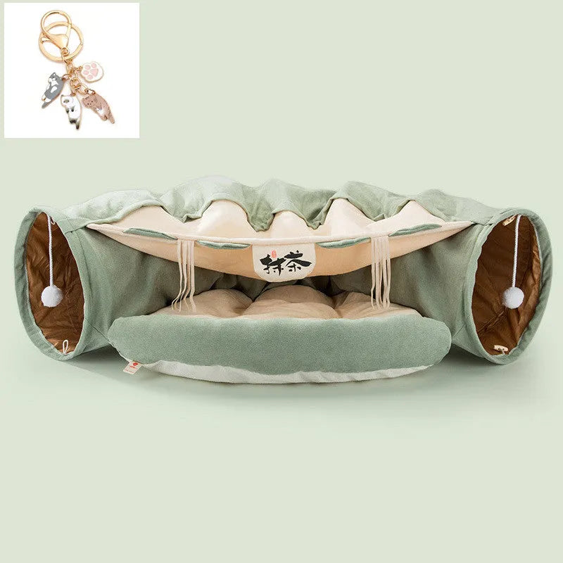 Collapsible cloth cat tunnel folded flat showing Bar colour option with 45cm length measurement