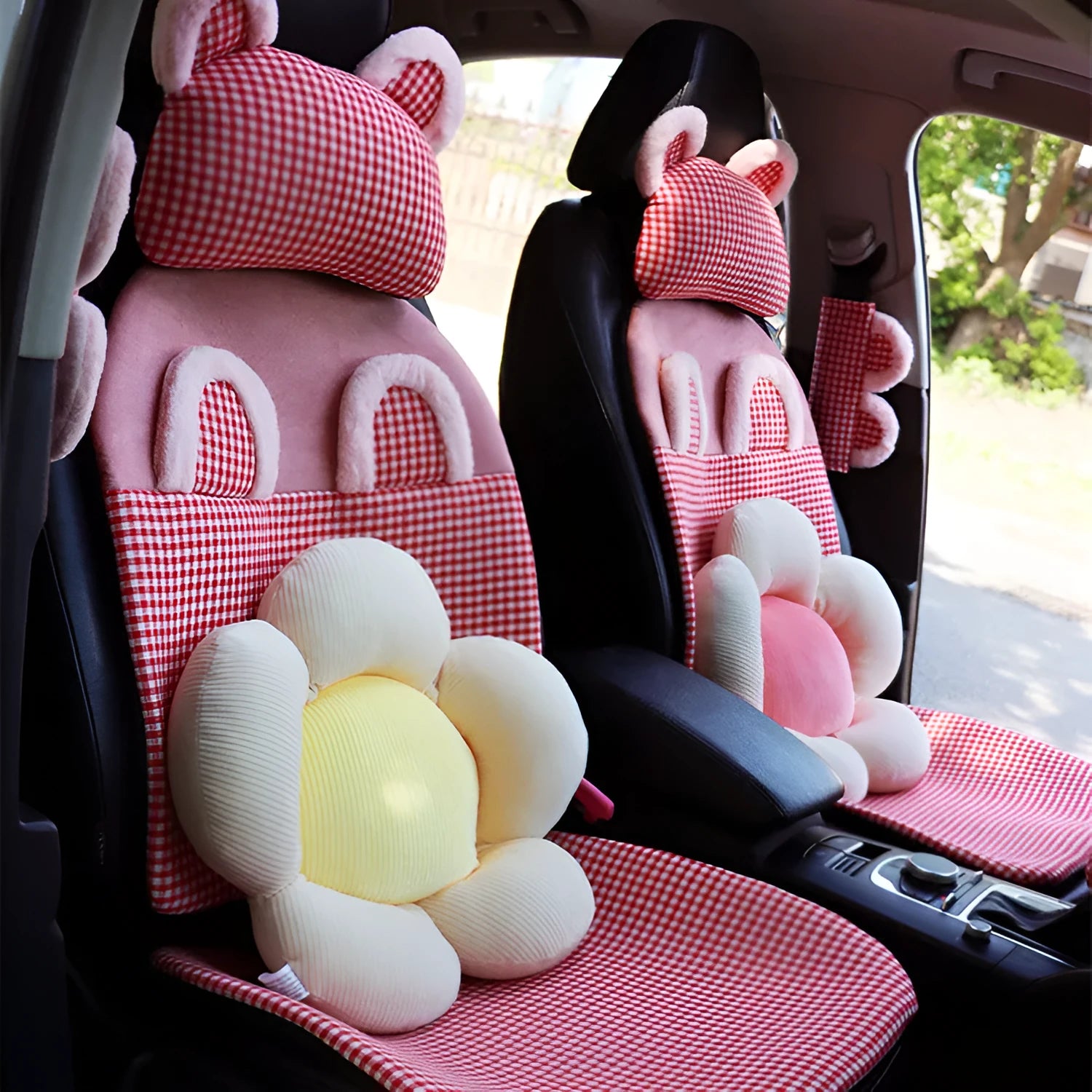 Linen plaid car seat cushion set in pink flower pattern with headrests, backrest, seat belt covers and gear cover