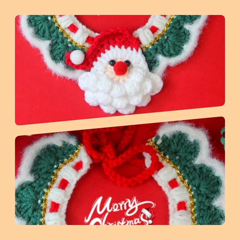 Adjustable Christmas knit pet collar with crochet Elk pattern, soft yarn, sizes L and M for cats and dogs