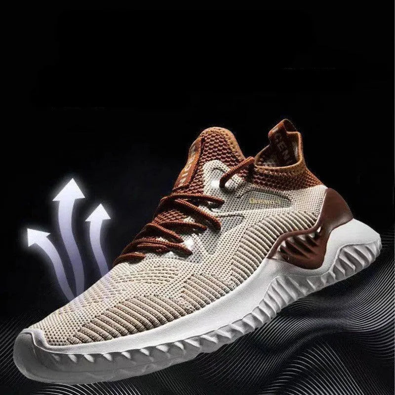 Men's breathable mesh round head casual sneakers with rubber sole, low heel, in black grey and khaki