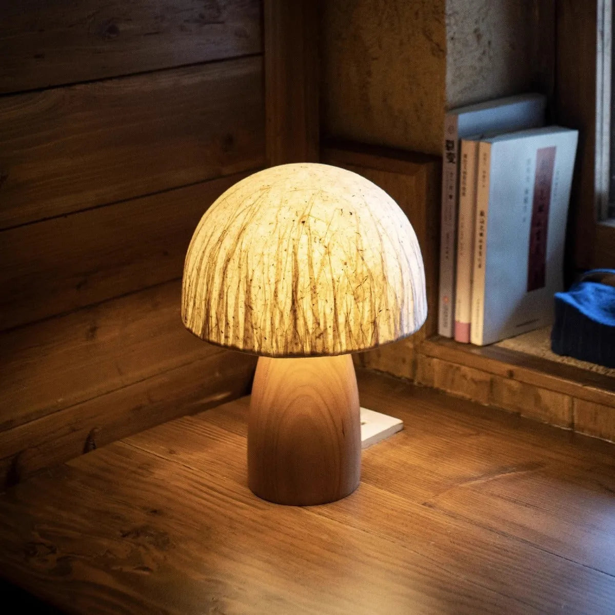 Mushroom lamp with black walnut wood base, handmade Japanese style, 220V EU plug, atmospheric glow