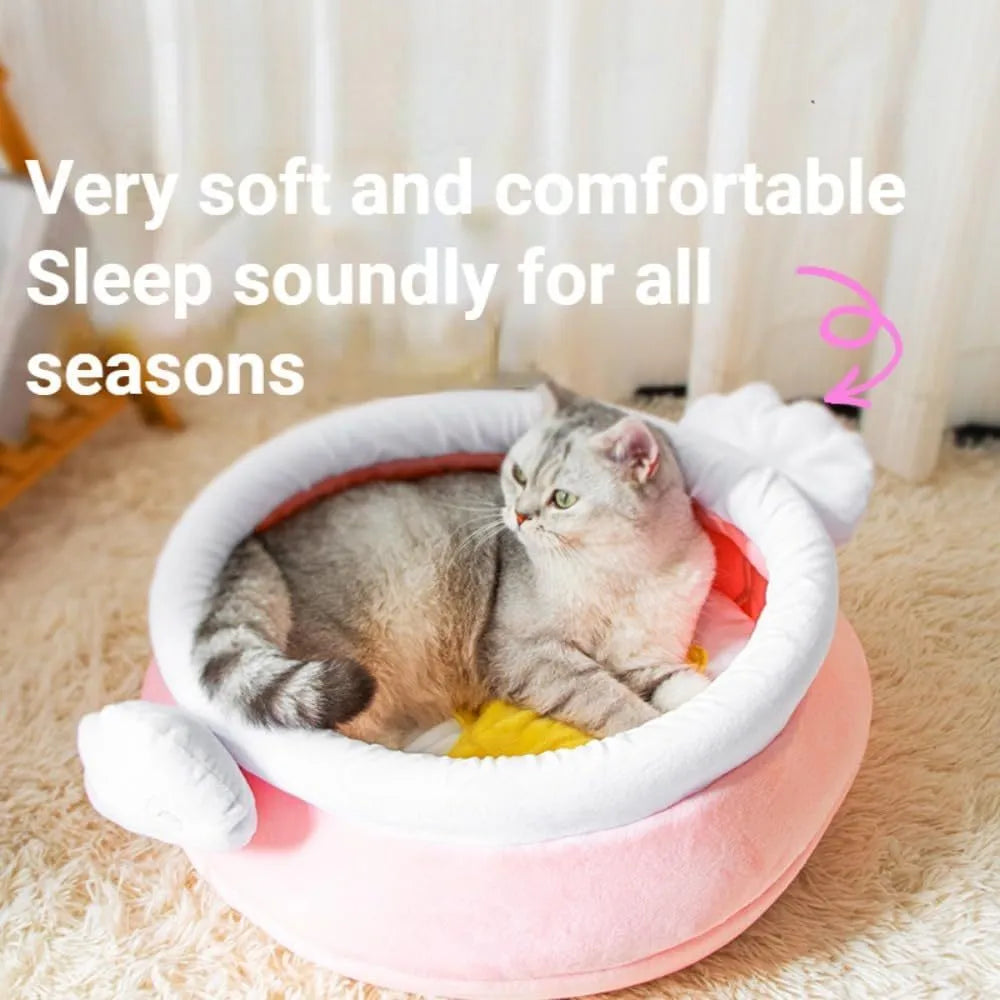 Pink honey pot-shaped cat sofa bed with a large soft interior and a removable cushion.