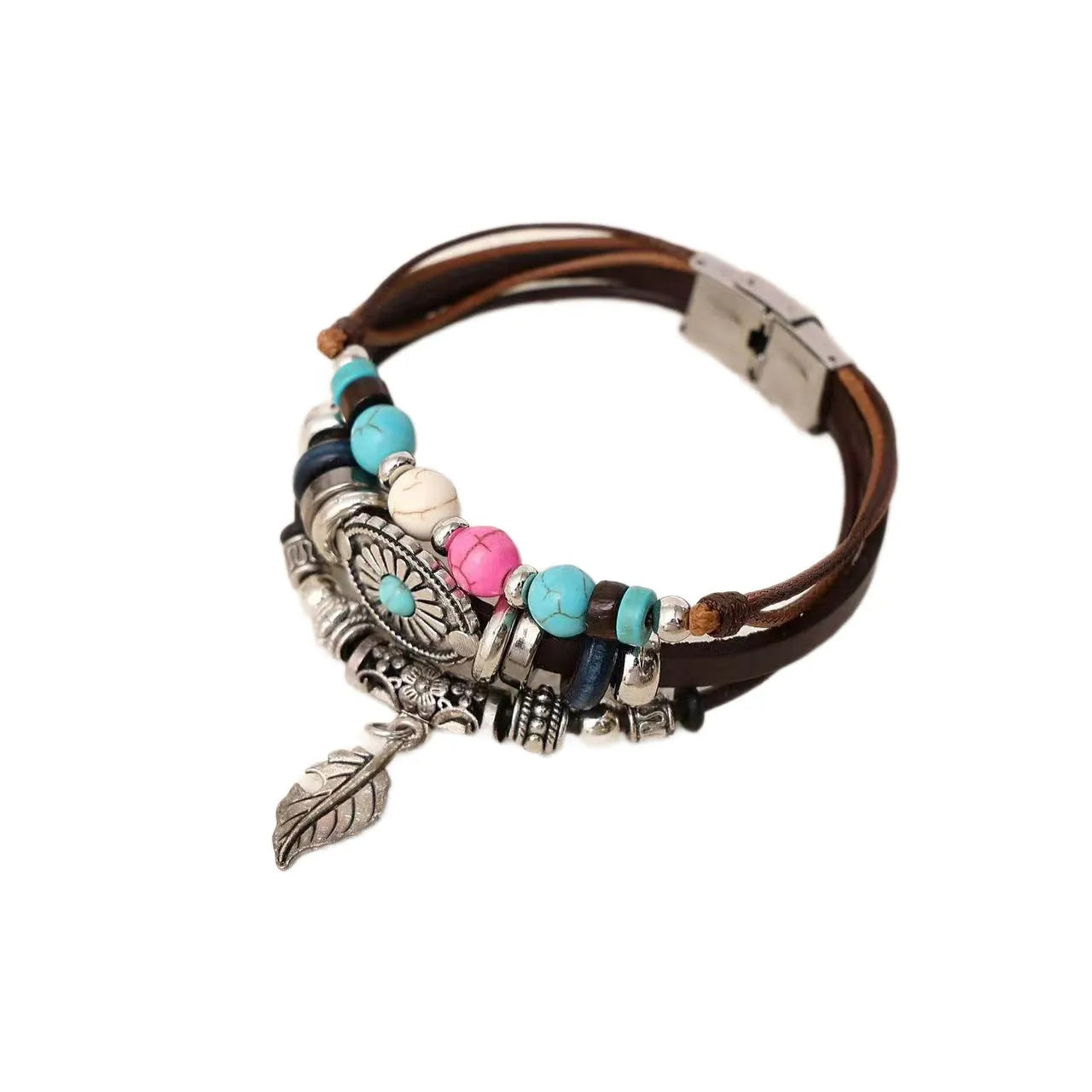 Bohemian ethnic style leather bracelet with turquoise leaf design in brown, unisex 21cm