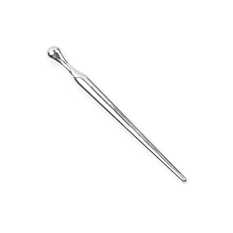 Silver metal urethral stimulation stick with round beads on a plain background