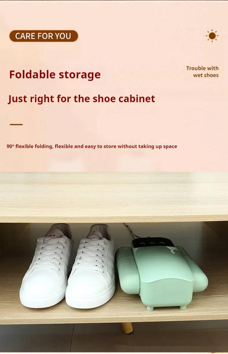 Smart shoe dryer in white and green colours with UV sterilisation feature for drying and deodorising footwear