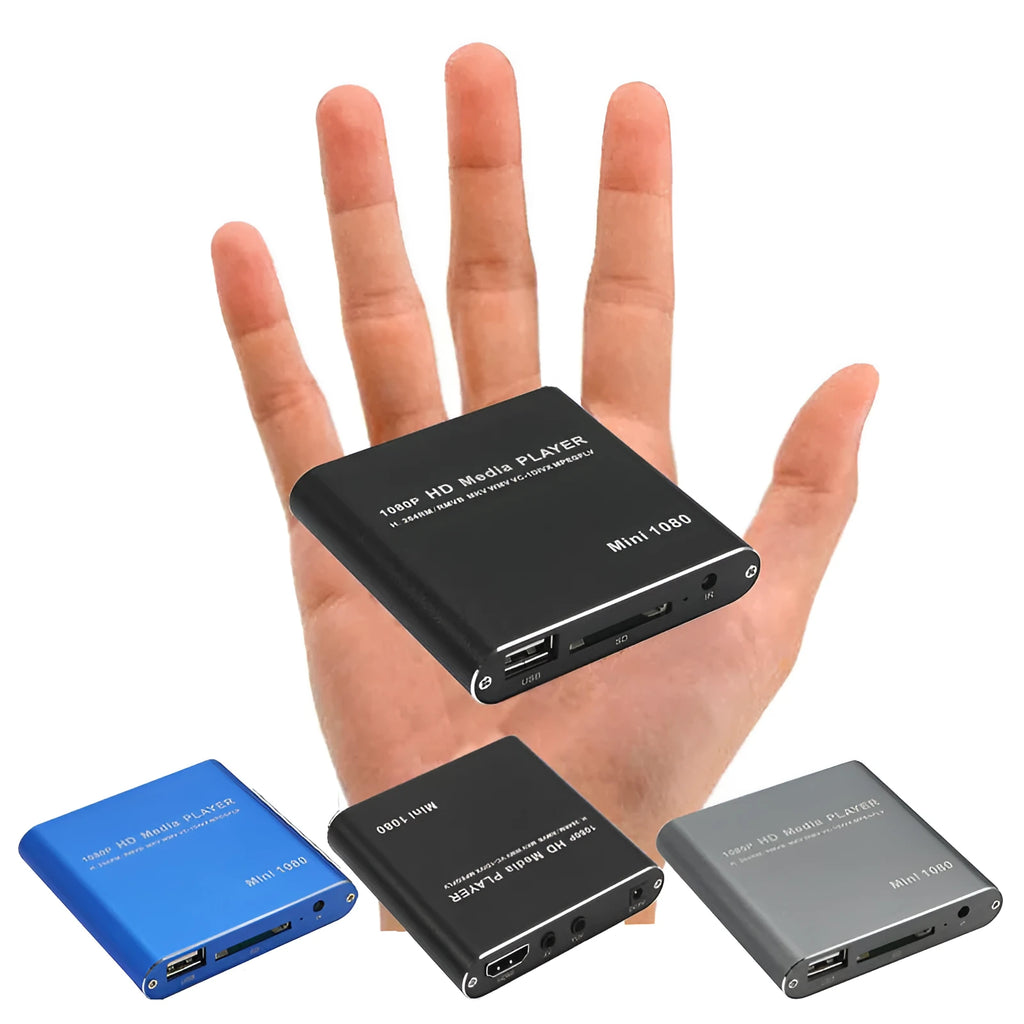 Blue or black Full HD 1080p media player with SD card slot, USB port and HDMI output