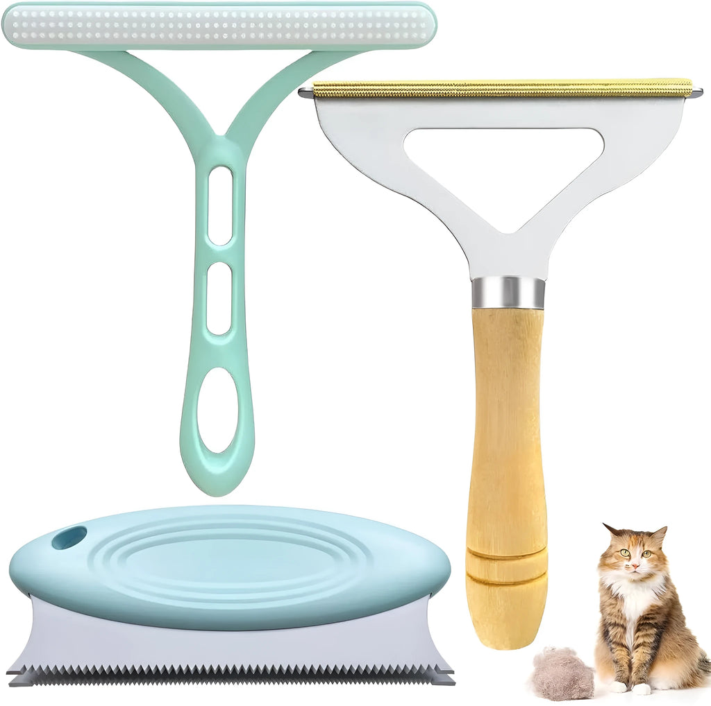 Green three-piece pet hair remover set with metal shaver, silicone brush and round cleaner tools