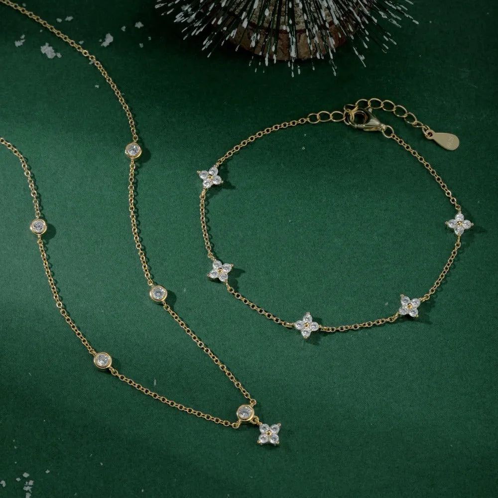 S925 sterling silver necklace and bracelet set with starry zircon design, platinum colour, clavicle chain style