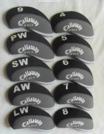 Set of 10 golf iron sleeves in diving material, available in yellow, SIM, and Carla W colours