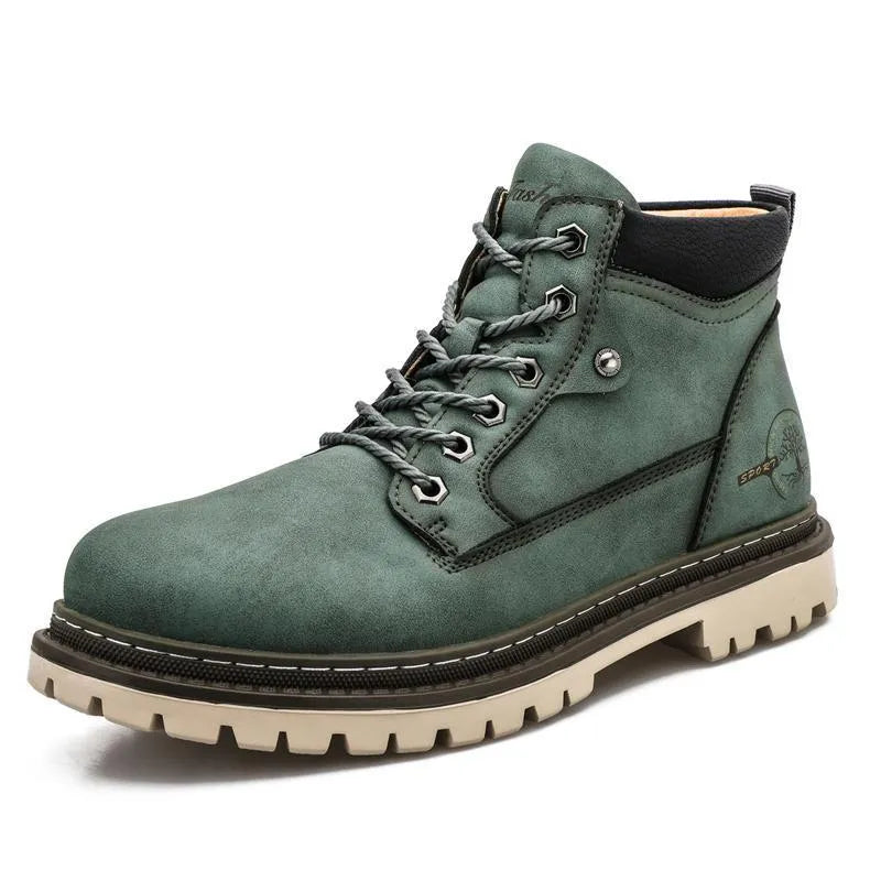 Men's casual high top leather tooling shoes in green with round toe, two-layer cowhide upper and rubber sole