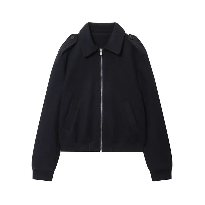 Women's black PU coat with turn-down collar, front zipper, long sleeves, medium thickness, casual style