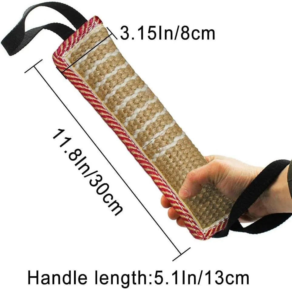 Beige and pink jute dog tug toy with two handles, measuring 30cm long.