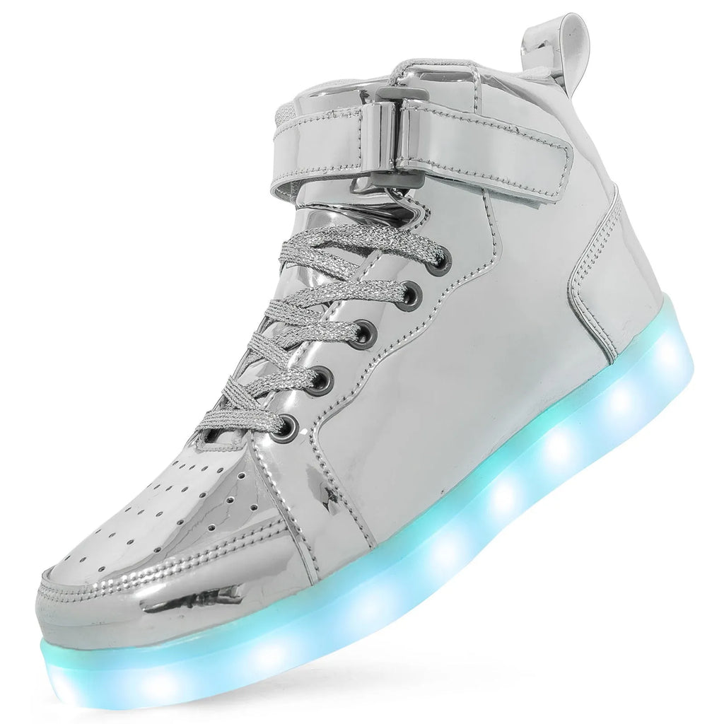 Black LED light-up high-top skate shoes with Velcro straps and glowing soles.