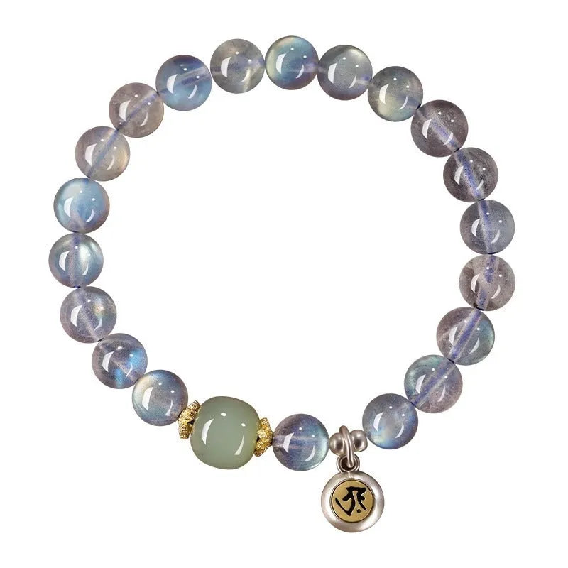 Birth Buddha Beads moonstone bracelet with 8mm beads featuring Thousand-Hand Kwan-yin mouse design