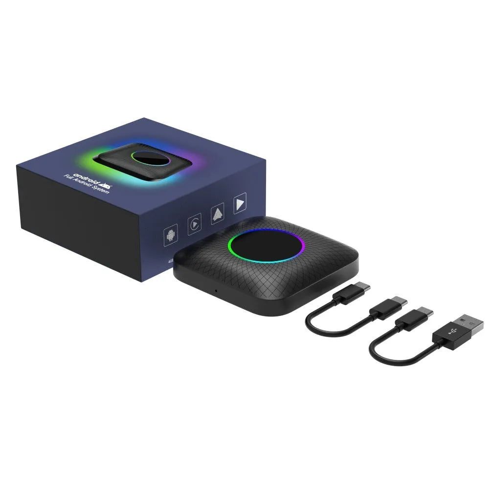 Tbox-Led Wireless CarPlay adapter with Android 13 system showing compact dimensions and connection ports