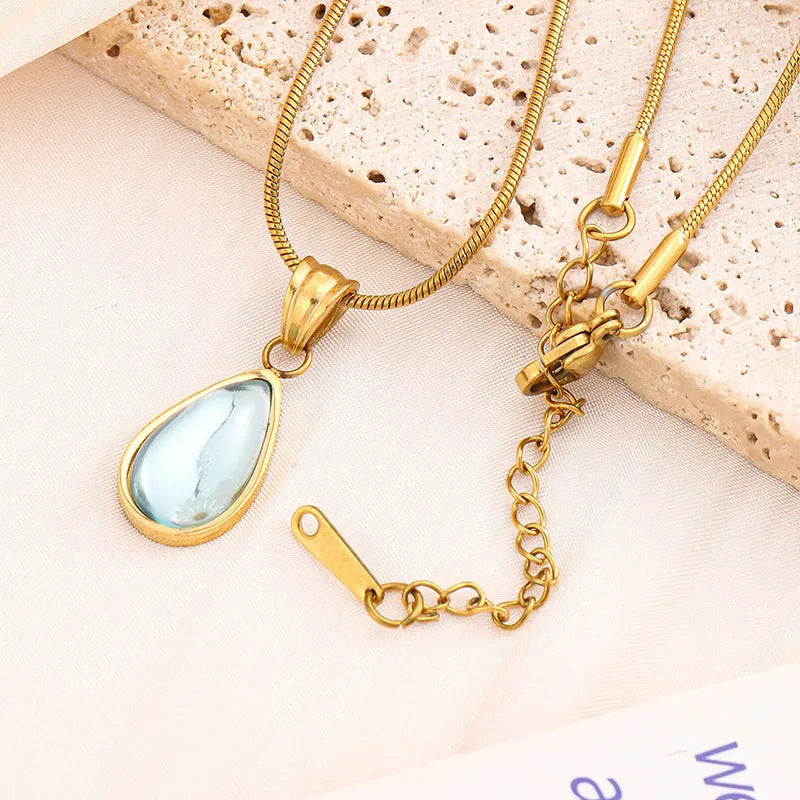 Sky blue titanium steel water drop pendant necklace on adjustable O-ring chain for women