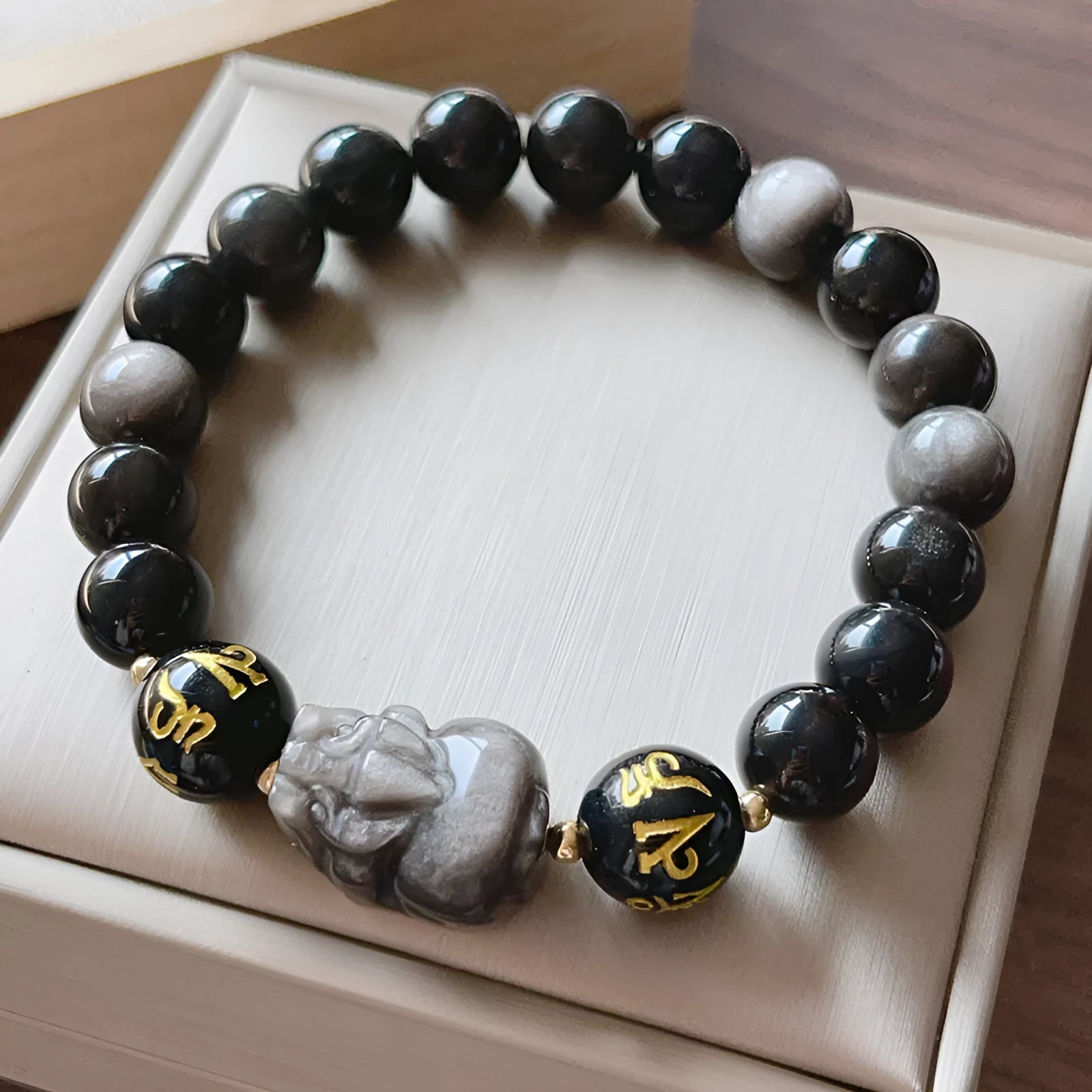 Men's silver stone bracelet with zodiac design and proverb beads in Chinese style