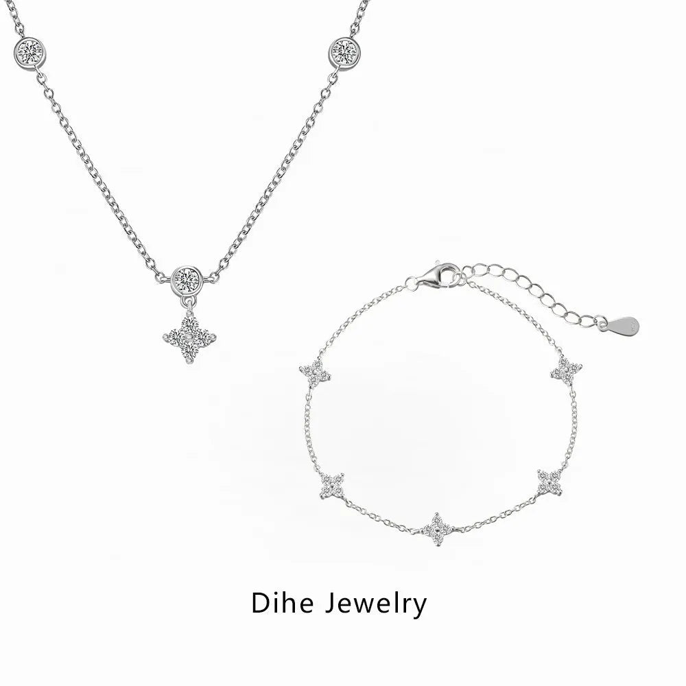 S925 sterling silver necklace and bracelet set with starry zircon design, platinum colour, clavicle chain style