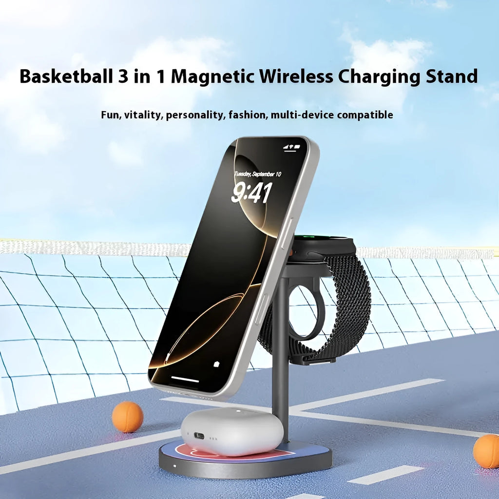 Three-in-one basketball magnetic wireless charger with aluminium alloy body in black, red blue, and silver grey for iPhone, Apple Watch, and AirPods
